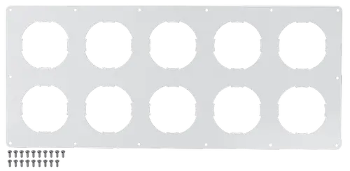 Weißes Montagepanel mit mehreren runden Ausschnitten zur Installation in Luftverteilungssystemen, geeignet für Produkte der Marke Wolf.